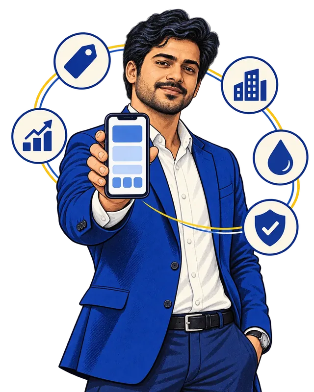 Illustration of a real estate advisor with project, price, water and verification icons