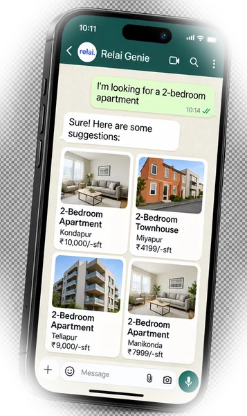 Relai Genie WhatsApp chat showing a buyer asking for a 2-bedroom apartment and receiving instant verified suggestions
