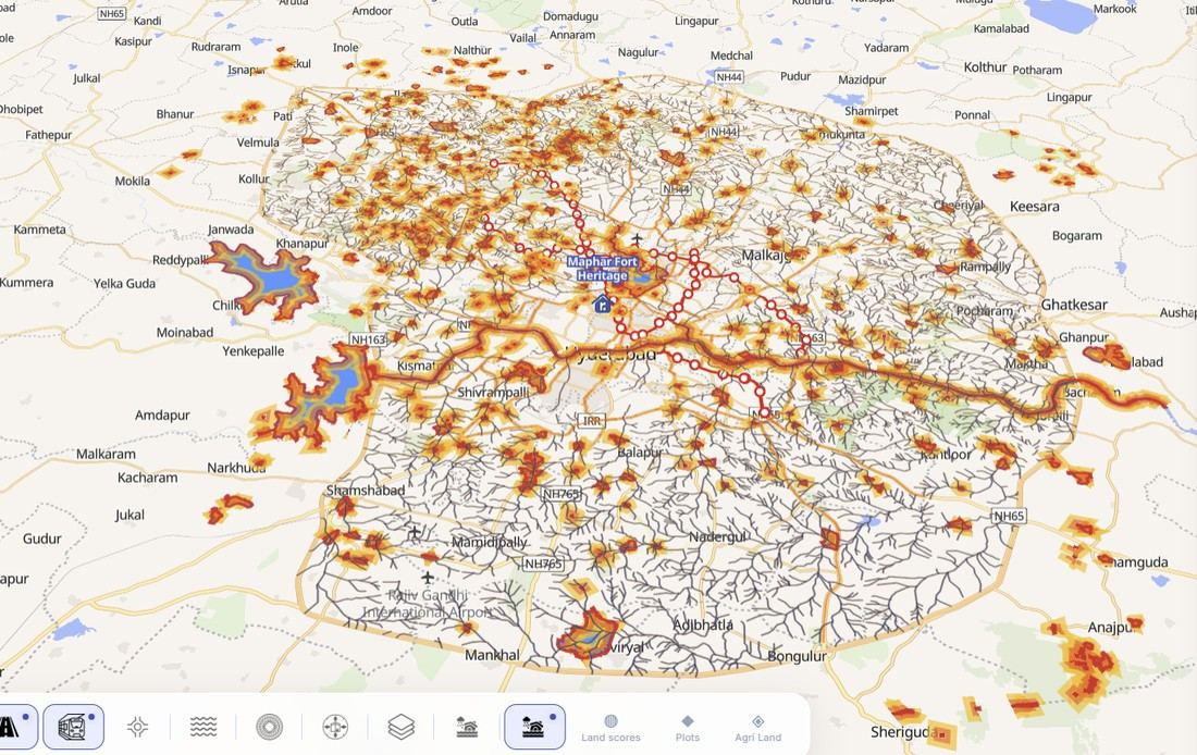 Land score heatmap across Hyderabad, showing scored zones layered over the metro rail corridor