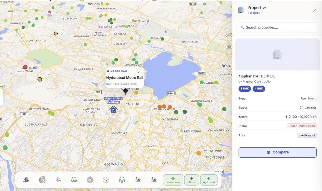 Relai Analytics map view with a property detail panel showing project name, BHK config, price per sqft and construction status