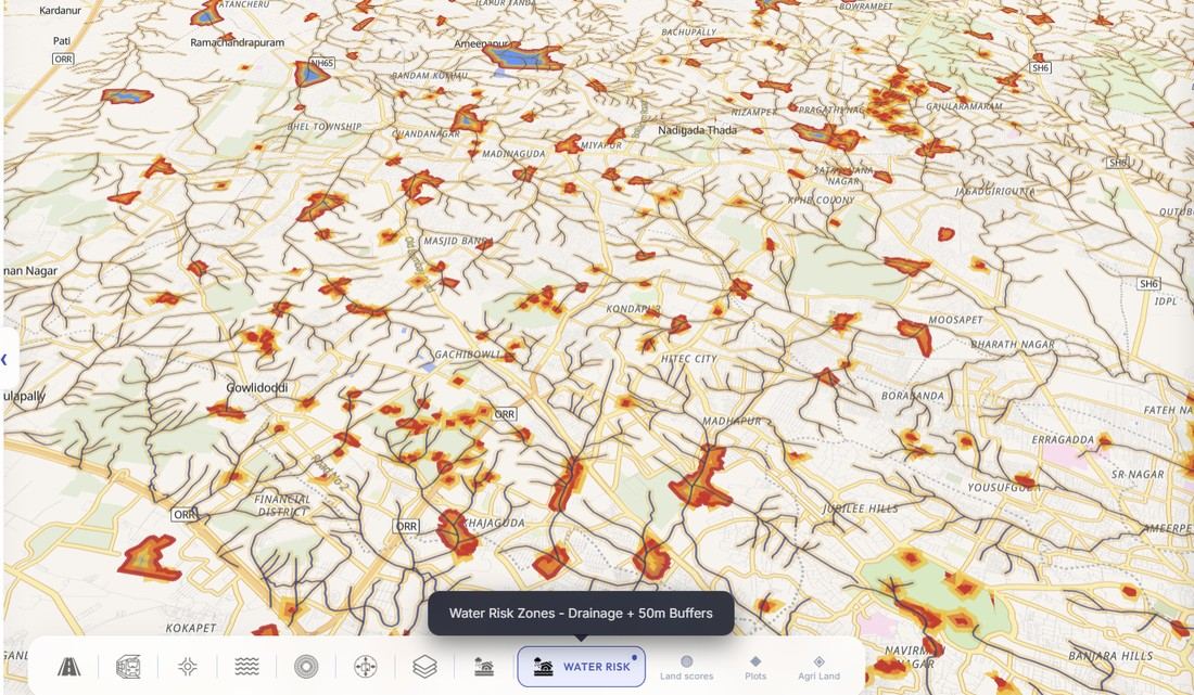 Water risk zones map showing drainage networks and flood risk buffers across Hyderabad
