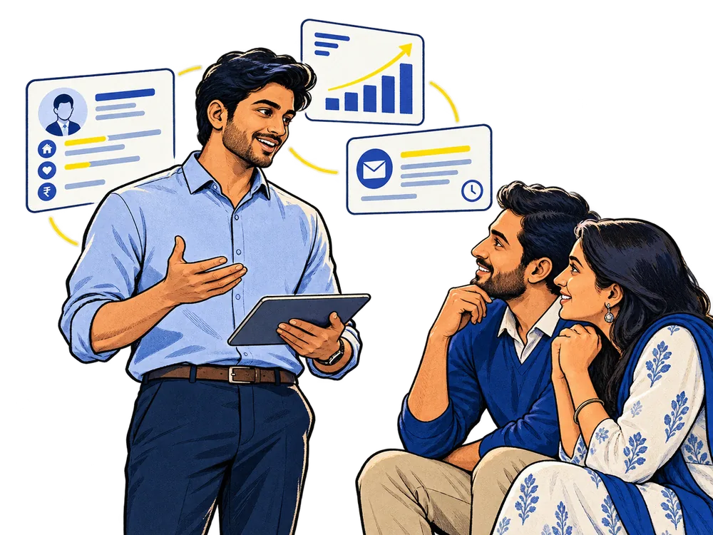 A relai expert explaining options to a couple with data on screen