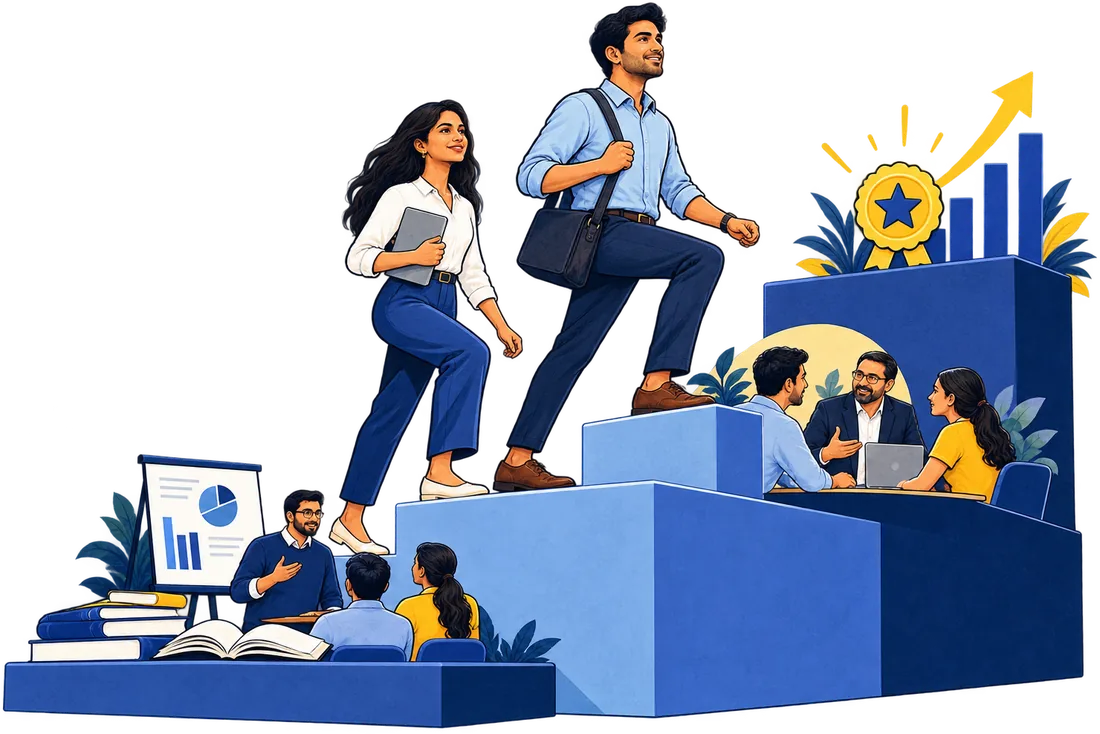 Two young professionals climbing steps from a classroom to a client meeting