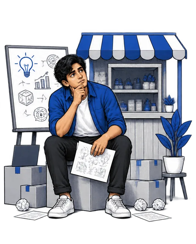 A founder thinking through a plan in front of a small shop