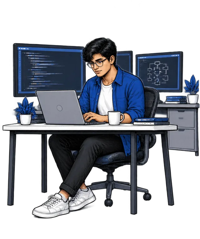 A software professional working at a desk with code on screen